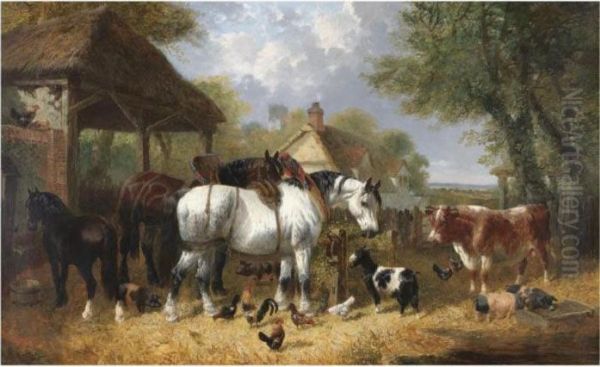 Shire Horses, Pigs And Other Livestock By A Stable With A Cottage And Church Beyond - view 1