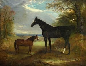 Black And Chestnut Hunters In A Pastoral Landscape With Two Magpies