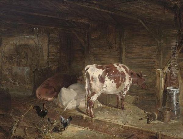 Cattle And Chickens In A Barn - view 1
