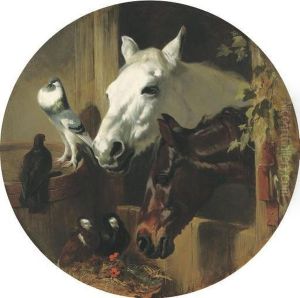 A Grey And A Dark Bay Through A Stable Door With Pigeons by John Frederick Herring Snr