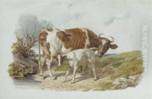 Study Of A Cow And Her Calf by John Frederick Herring Snr
