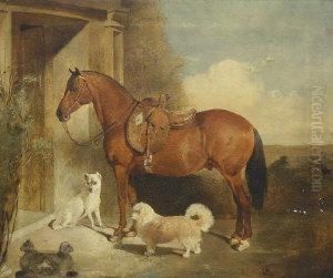 Bay Hunter With Side Saddle And Terriers Standing By A Portal