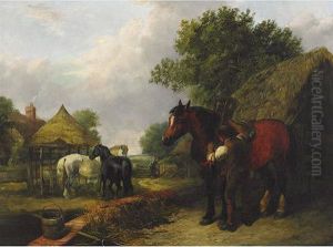 Farmer Harnessing A Draft Horse In Farmyard by John Frederick Herring Snr