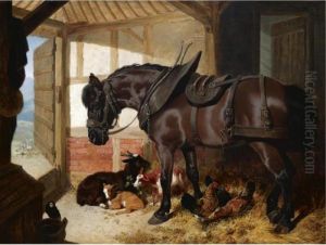 A Bay Carthorse In A Stable With Goats And Chickens by John Frederick Herring Snr