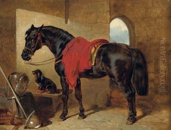 The Cavalier's Charger, Saddled 
And Draped With A Crimson Cloth, A King Charles Spaniel With A Blue Bow 
Around Its Neck, A Cuirass, Pike-handle And Helmet On The Ground To The 
Left - view 1