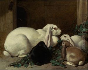 A Lop Eared Doe With Her Litter by John Frederick Herring Snr