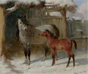 A Mare And Foal In A Farmyard In Winter by John Frederick Herring Snr