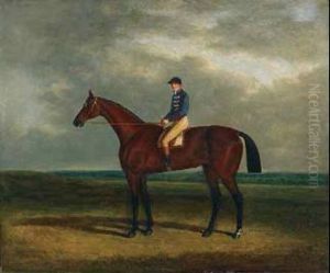 A Chestnut Racehorse With Jockey Up In An Extensive Landscape by John Frederick Herring Snr