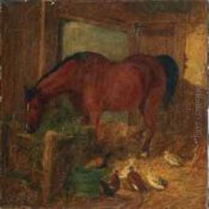 Horse And Ducks In A Barn by John Frederick Herring Snr