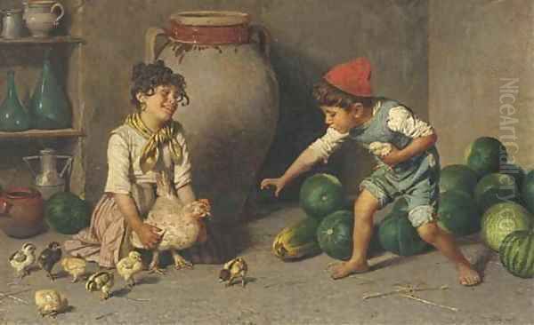Children playing with a mother hen and her chicks - view 1