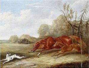 Horse, Foal And Hound In A Landscape by John Frederick Herring Snr