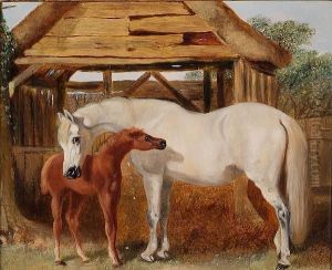 A Grey Mare With A Chestnut Foal Near A Barn by John Frederick Herring Snr