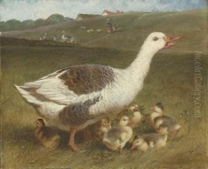 A Goose And Goslings In A Landscape, Figures Beyond by John Frederick Herring Snr
