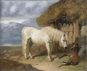 A Mare And Foal By A Bothy by John Frederick Herring Snr