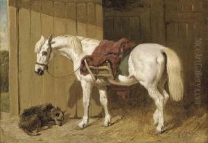 A Grey Pony With A Dog By A Stable Door