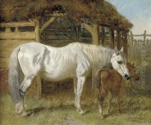 A Grey Mare And Chestnut Foal By A Stable by John Frederick Herring Snr
