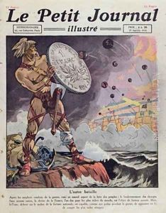 The Defence of the Franc a Gaul armed with the shield of a franc defends himself from the dollar and sterling cannonballs by A. R. Moritz