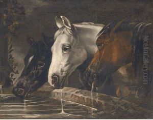 Three Horses At A Water Trough by John Frederick Herring Snr