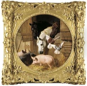 Three Horses At A Stable Door With Pigs And Doves by John Frederick Herring Snr