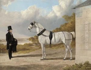 Portrait Of James Hartley With A Grey Carriage Horse, In Anextensive River Landscape by John Frederick Herring Snr