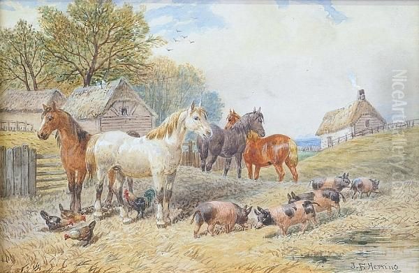 Horses And Pigs In A Farmyard - view 1