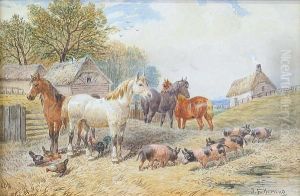 Horses And Pigs In A Farmyard by John Frederick Herring Snr