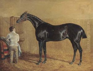 A Racehorse In A Stable With A Groom