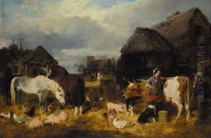 A Farmyard Scene With Milkmaid And A Farm Labourer by John Frederick Herring Snr