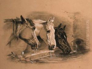 Three Horses Drinking, A Head Study by John Frederick Herring Snr