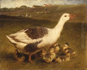 A Goose And Goslings by John Frederick Herring Snr