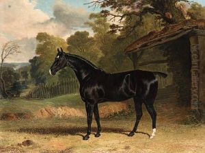 Black Tom, A Black Hunter, Beside A Stable, In A Wooded Riverlandscape Black Tom, A Black Hunter, Beside A Stable, In A Wooded Riverlandscape