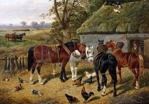 Horses, Chickens And Birds By A Barn by John Frederick Herring Snr