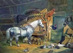 Stable Interiorwith Horse And Farm Animals