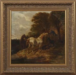 A Gray, Bay, Black Blaze And Two Foals At Fence by John Frederick Herring Snr