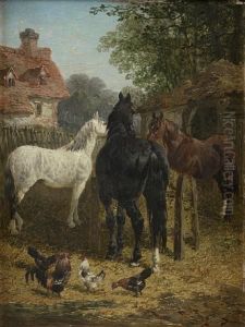 Horses At A Trough; Cattle Watering At Astream Horses At A Trough; Cattle Watering At Astream