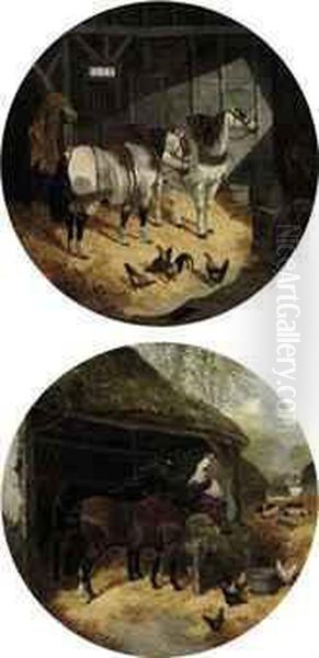 Horses In Farmyard; And Carthorses In A Stable - view 1