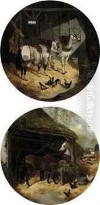 Horses In Farmyard; And Carthorses In A Stable by John Frederick Herring Snr