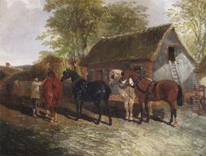 Work Horses By A Barn