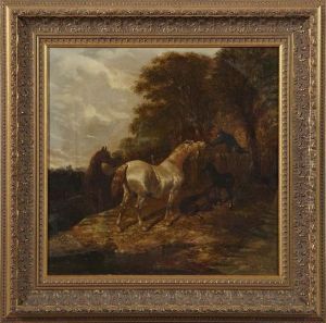 A Gray,
Bay,
Black Blaze And Two Foals At Fence by John Frederick Herring Snr