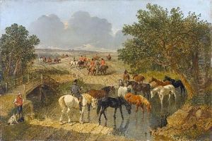 Horses Watering With A Hunt Beyond
