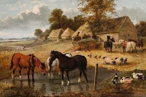 Farmyard Scene With Horses Drinking From Astream