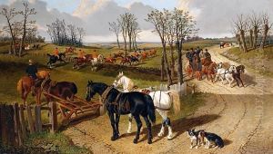 A Country Scene With Plough Horses In Theforeground And A Hunt Beyond