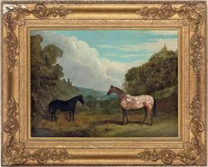 An Appaloosa And A Black Horse In An Extensive Landscape by John Frederick Herring Snr