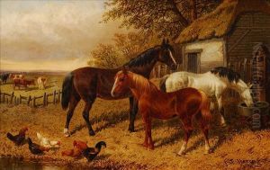 Farmyard Scene With Horses And Poultry by John Frederick Herring Snr
