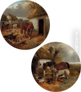 A Donkey, A Horse And Poultry In A Farmyard by John Frederick Herring Snr