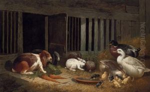 Rabbits And Ducks In A Hutch by John Frederick Herring Snr