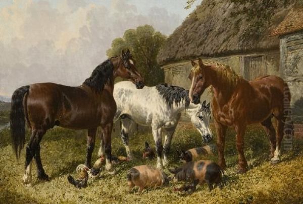 Horses With Pigs And Chickens By A Barn - view 1
