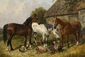 Horses With Pigs And Chickens By A Barn by John Frederick Herring Snr