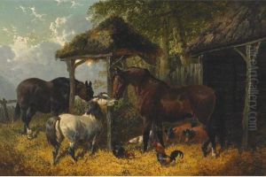 Barnyard Scene With Horses, Chickens And Pigs by John Frederick Herring Snr