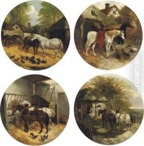 Two Hunters Feeding In A Yard by John Frederick Herring Snr